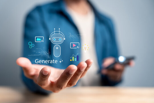 AI bot generation content creation, video, image, data, and innovation. generative AI, automation tools, artificial intelligence, and creative technology.