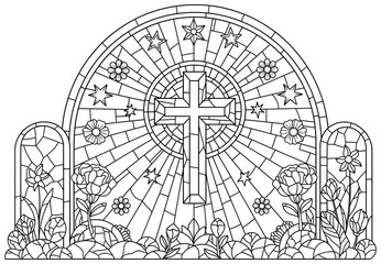 Cross vector illustration featuring stained glass style holy symbol with radiant beams stars and decorative flowers framed in an arched window line art