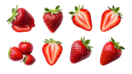 Collection of fresh strawberries whole and halved isolated on transparent background