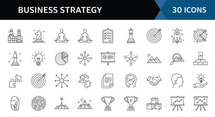 Business strategy icons, chess, meditation, planning symbols, pie chart, rocket, goal, puzzle, mountain, handshake, trophy, presentation, target