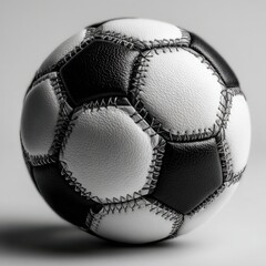 A classic black and white soccer ball resting on a gray background