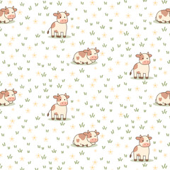 Cows in a meadow kawaii pattern. Cute cow print.