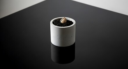 Minimalist almond germinating in a small modern geometric concrete pot