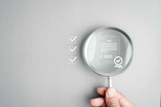 Business standard compliance with checklist, certification document, and approval mark. quality assurance, financial compliance, ISO standards, and corporate governance.
