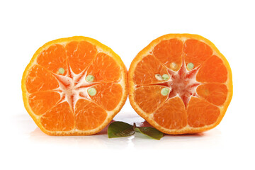 Fresh Yichang Mandarin Orange Halves with Thin Skin Display on White Background