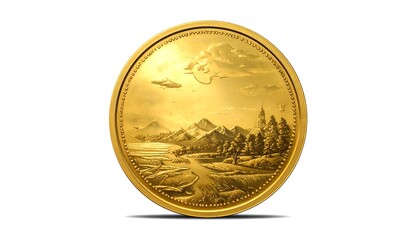 Exquisite Golden Coin Depicting a Scenic Landscape
