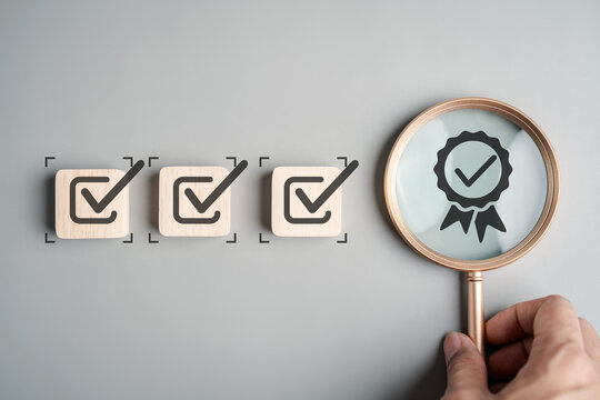 Checklist and assurance concept with approval mark, quality certification and compliance verification. financial audit, business standards, ISO certification, and risk management.