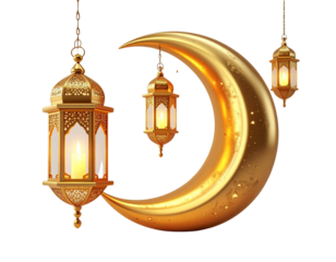 3d render Crescent moon and lantern decorations on transparent background. golden han