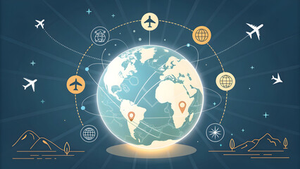 Glowing Earth with interconnected travel icons and airplanes in a dark blue starry full hd 4k stock image download background