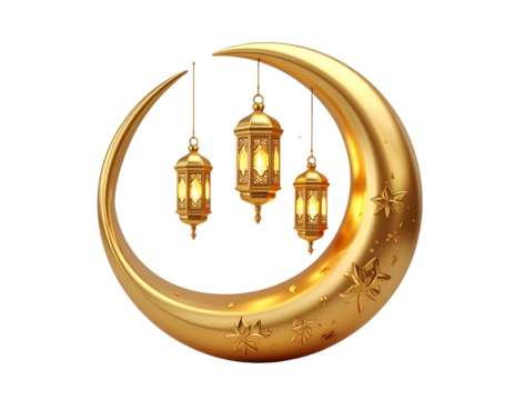 3d render Crescent moon and lantern decorations on transparent background. golden han