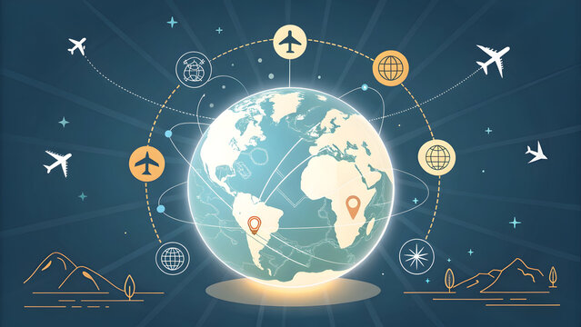 Glowing Earth with interconnected travel icons and airplanes in a dark blue starry full hd 4k stock image download background