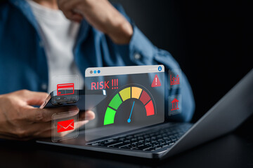 Cyber risk system warning with digital alert and risk level gauge, cybersecurity threat, data protection issues, fraud, and online financial risk.