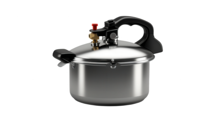 A stainless steel pressure cooker, with a black handle, is highlighted against a dark background.