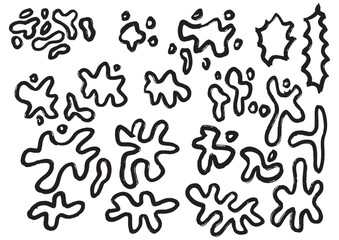 Abstract graphic pattern featuring various irregular organic shapes, fluid blobs, and amoeba-like forms. Black outlines create a dynamic modern background, ideal for creative design