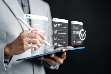 Digital approval system, online checklist, task validation, and document verification businessman using tablet checkmarks for workflow, compliance, and efficiency.