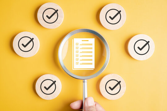 Digital form document check with magnifying glass and approval icons, compliance verification, checklist validation, audit process, business workflow, and corporate administration system.