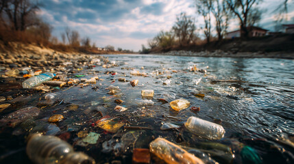 River heavily polluted with plastic and debris, highlighting environmental concerns and ecological impact. urgent need for effective waste management conservation efforts to protect natural waterways