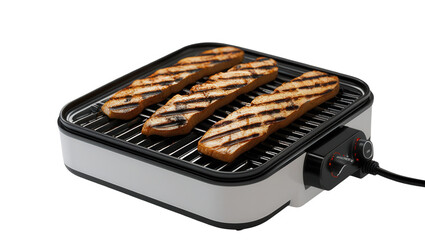 Three grilled food strips are cooked on a compact white electric griddle against a black background.