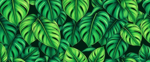 Fototapeta premium Hand-drawn monstera leaf seamless pattern Lush green tropical botanical design ideal for spring/summer textiles and wallpapers, tropical, foliage