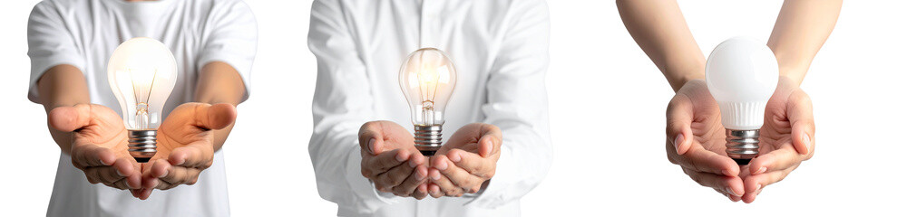 Three people holding light bulbs in their hands symbolizing business ideas on transparent PNG background