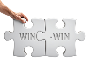 Win win concept with two puzzle pieces fitting together symbolizing successful business collaboration on transparent png background