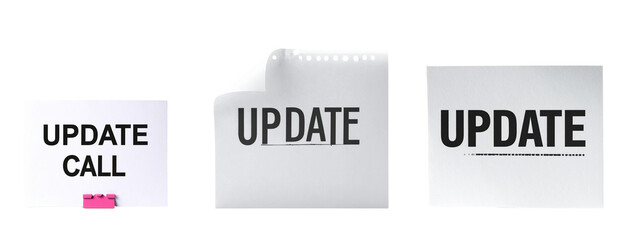 Update call concept with three paper notes featuring bold text on transparency background ideal for business communication png