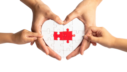 Heart shaped puzzle held by multiple hands symbolizing unity and teamwork in business PNG image