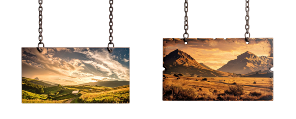 Two scenic landscape signs hang from chains showcasing beautiful nature views. left sign features lush green valley dramatic sky, while right sign