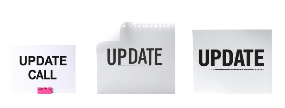 Update call concept with three paper notes featuring bold text on transparency background ideal for business communication png