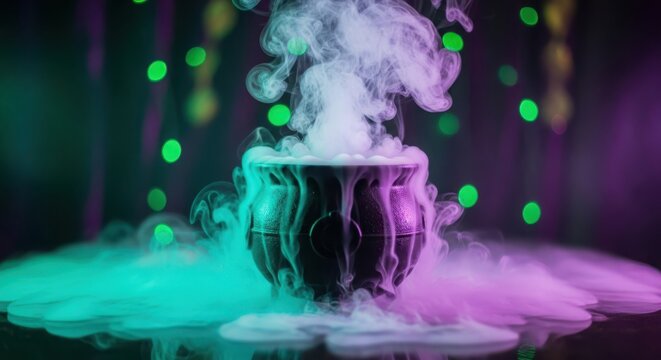 Witch cauldron with bubbling green and purple smoke for halloween