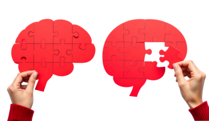 Red puzzle pieces form brain shape symbolizing business strategy and problem solving on transparent PNG background