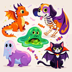 Obraz premium Cartoon illustration featuring a dragon, skeleton dog, slime monster, ghost, and vampire cat surrounded by scattered Halloween candy.