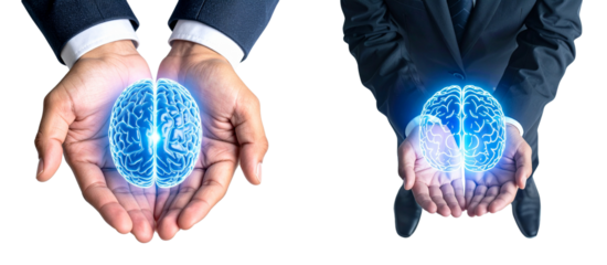 Image shows business concept with digital brain hologram held in hands on transparent background