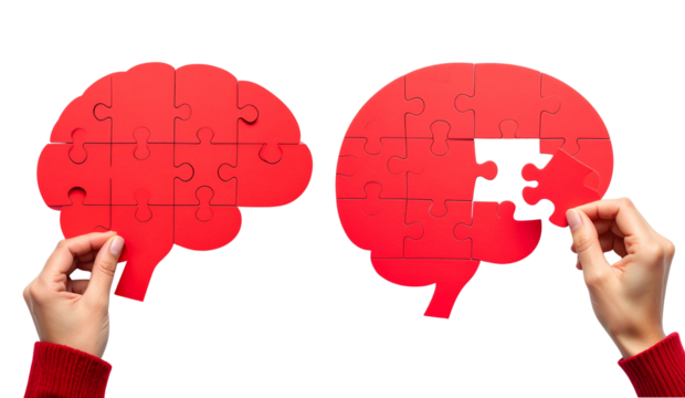 Red puzzle pieces form brain shape symbolizing business strategy and problem solving on transparent PNG background