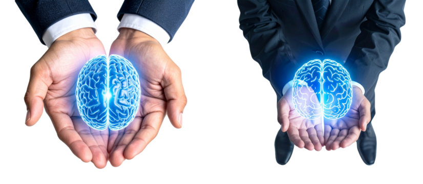 Image shows business concept with digital brain hologram held in hands on transparent background