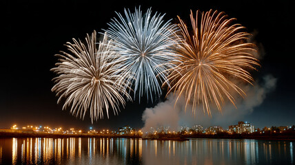 Fireworks light up the night sky over a city skyline.