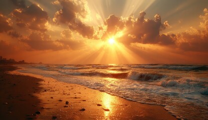 Golden sunset over a beach. Dramatic clouds and sun rays
