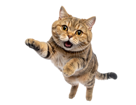  a quality stock photograph of a single fat happy cat jumping in the air isolated on a 