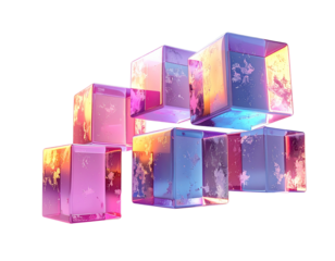 a series of floating translucent cubes abstract shape, 3d render style, isolated on a