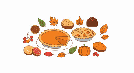 Assorted Delicious Pies and Cakes with Fresh Fruits Nuts Autumn Leaves and Pumpkins for Seasonal Celebrations and Festive Desserts in a Bright Colorful Flat Style