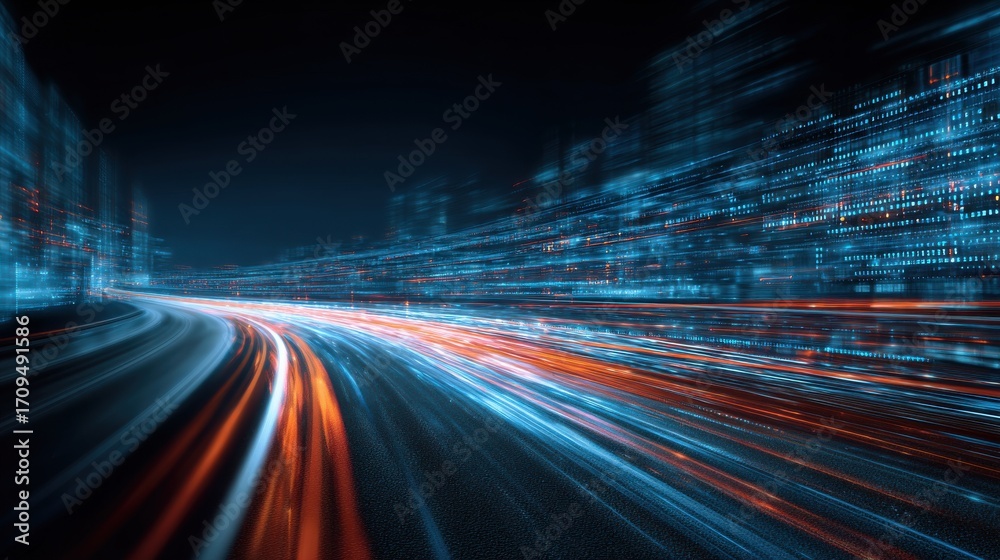 Wall mural elegant photo of digital data flow on road in concept of cyber global communication and coding with 