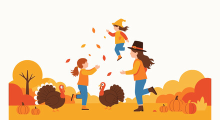 Fototapeta premium Colorful Autumn Thanksgiving Celebration Scene with Family Kids and Turkeys, Fall Harvest Decorations, Pumpkins, Leaves, and Fun Outdoors in a Bright, Cheerful Mood for Holiday and Seasonal Events