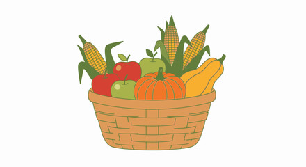 Colorful Harvest Basket Filled with Fresh Vegetables and Fruits Including Corn Pumpkin Apples and Yellow Zucchini for Healthy Eating Soil Garden or Farmer Market Themes