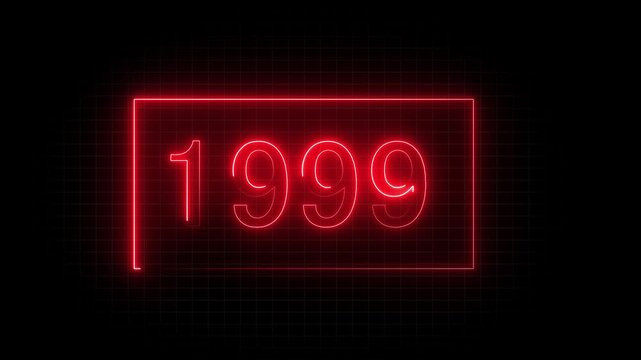 1999  red neon light text. abstract neon line text animation glowing neon number 1999 background 4k animation