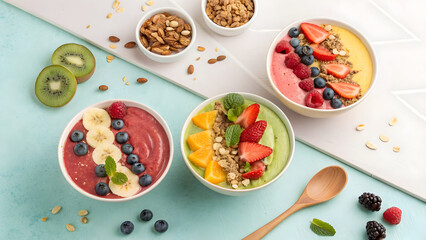 Three colorful smoothie bowls with fresh fruit and granola on pastel full hd 4k stock image download background