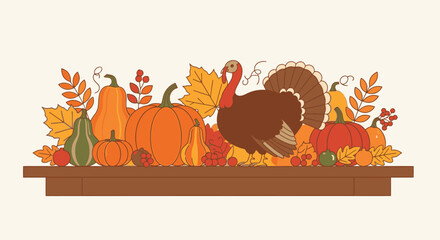 Naklejka premium Festive Autumn Harvest Display with Colorful Pumpkins Gourds Falling Leaves and Thanksgiving Turkey on Rustic Wooden Table for Seasonal Celebrations and Holiday Decor