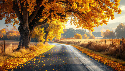 Honeylocust Tree Along Countryside Road in Autumn