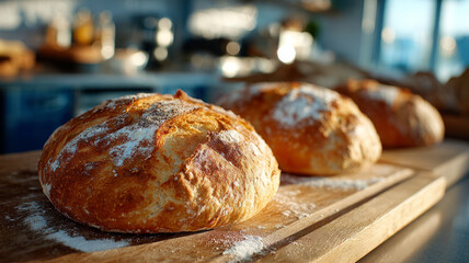 Three crusty bread loaves on a wooden board in a sunlit kitchen.