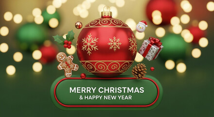 Festive christmas background with red bauble, gingerbread man, gift box, pine cone, and bokeh lights, wishing merry christmas and happy new year