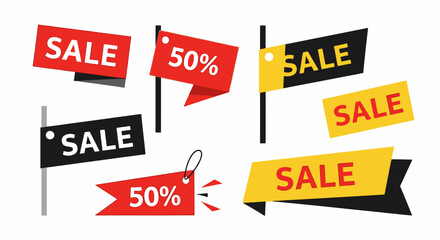 Collection of Promotional Sale Signage and Discount Tags for Retail Marketing, Featuring Bright Colorful Banners and Labels Highlighting 50% and Sale Offers for Attracting Customers and Boosting Sales